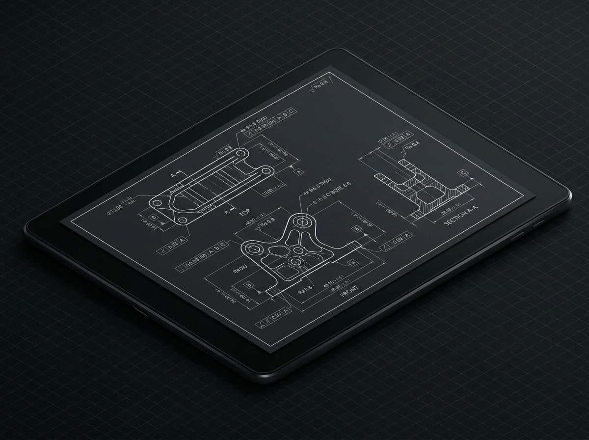 Tablet displaying a technical engineering blueprint of an aerospace bracket on a dark grid surface