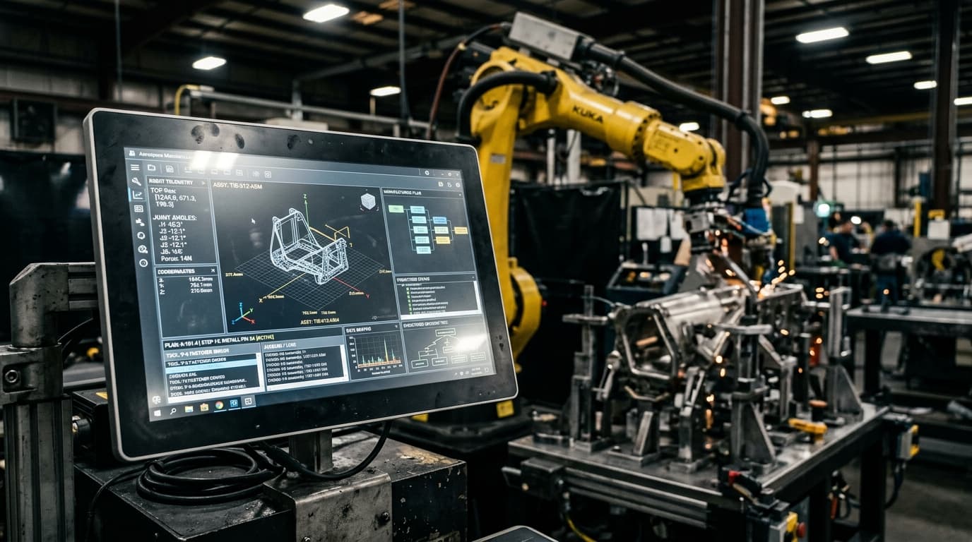 Industrial control monitor showing robot telemetry, joint angles, and manufacturing flow beside a KUKA robotic arm welding on a metal part in a factory