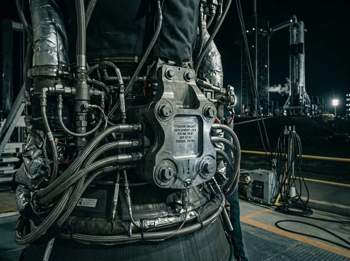 Titanium deployment lock bracket with braided lines on a launch vehicle at night